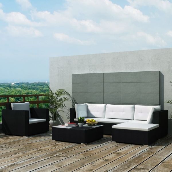 6 Peças Conjunto Lounge de Jardim Almofadões Vime Pe Preto 42743