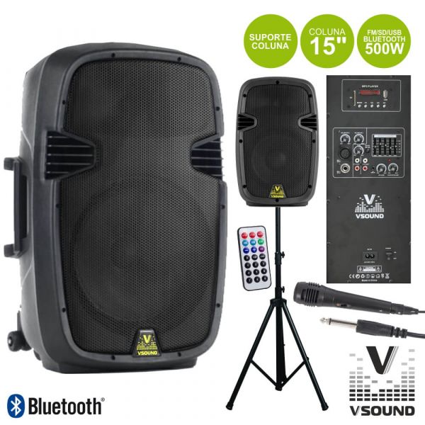 Vsound Coluna Amplificada 15 500w Usb Bt Fm Tripe Micro VSSE15CTE