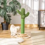 Pawhut Poste Arranhador em Forma de Cactus Pequena Árvore Arranhadora com Poste de Sisal e Pelúcia Bola Suspensa e Base com Brinquedo de Madeira 32x32x60cm Verde