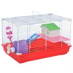 Pawhut Gaiola Hamster com Comedouro Bebedouro Rampa Ropa de Exercício Pequenos 47x30x27cm Branco e Vermelho