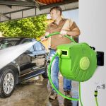 Outsunny Carrete para Mangueira Suporte Mural Portamangueira 20m Roll-up Automático com Pistola de Pulverização Base de Parede Conector de Mangueira para Jardím Terraço