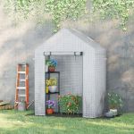 Outsunny Estufa de Jardim 143x73x195cm Estufa de Aço com 2 Prateleiras e Porta Enrolável Cultivos de Plantas Branco - 845-621