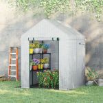 Outsunny Estufa de Jardim 143x143x195cm Estufa de Aço com 2 Prateleiras Porta e 2 Enroláveis Cultivo de Plantas Branco - 845-620