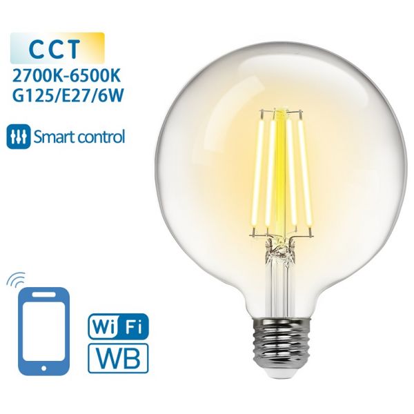 Aigostar Lâmpada led Inteligente E27 G125 Filamento Smart Wi-fi 220V 6W  2700K ~ 6500K 850Lm (transparente) - 214005