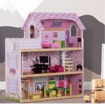 HomCom Casa de Bonecas com Três Pisos com 13 peças Móveis Mobiliário de Madeira 60x30x71.5cm