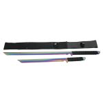 Amont Conjunto de Duas Espadas H0128C 48 cm Aço Inoxidável Chapeado Titânio Chapa de Aço Rainbow com Mango de Corda Trançada, com Bainha de Nylon