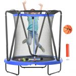 ZONEKIZ Trampolim Infantil Ø140x155 cm com Cesta Basquetebol 20 Bolas Plástico para Crianças 3-10 Anos Azul cm
