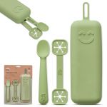Interbaby Conjunto Porta Talheres + Colher e Porta Babetes de Silicone Verde Oliva