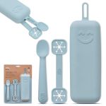 Interbaby Conjunto Porta Talheres + Colher e Porta Babetes de Silicone Azul Cinzento
