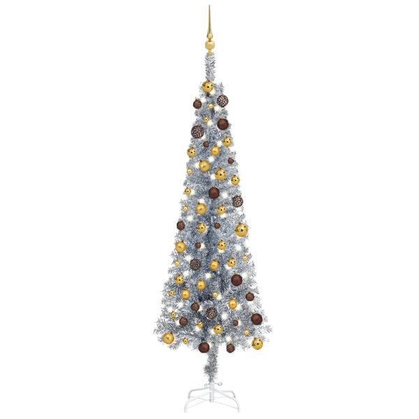 Árvore de Natal Fina com Luzes LED e Bolas 180 cm Prateada - 3078051 |  Kuantokusta