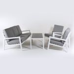 Edenjardin Conjunto de Sofás de Terraço de Alumínio Reforçado Branco e Almofadas Cinza, Sofá de 3 Lugares + 2 Poltronas + Mesa de Centro