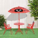 Outsunny Conjunto de Mesa e Cadeira de Jardim Dobrável para Crianças com Chapéu de Sol 100-125cm Desenho de Joaninha Vermelho