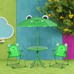Outsunny Conjunto de Mesa e Cadeira de Jardim Dobrável para Crianças com Chapéu de Sol 100-125cm Desenho de Sapo Verde