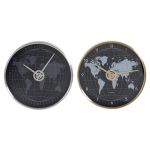 DKD Home Decor Relógio de Parede Preto Alumínio Cristal Dourado Prateado Mapa do Mundo (2 Pcs) (30 x 4.3 x 30 cm) - S3016704
