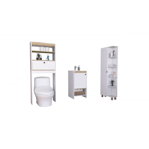 Móvel de WC Tuhome Conjunto Malaga, com Lavatório + Estante de Banho Sobre  Sanita + Coluna Esquina de Banho Branco / Duna