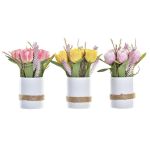DKD Home Decor Flores Decorativas Vaso Cerâmica Cor de Rosa Tecido Fúcsia Branco Amarelo Tulipa (18 x 18 x 26 cm) (3 Unidades) - S3030559