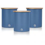 SWAN Nordic 3 Boiões de Armazenamento de Cozinha Aço Carbono, Tampa de Bambu, 3 X 0,84L, Especiarias, Chá ,café Azul Nordic