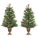 Homcom Conjunto de 2 Árvores de Natal Artificial 90cm com Vaso Ignífugo com 110 Ramos 70 Bagas 8 Pinhas e Folhas de Pvc Verde