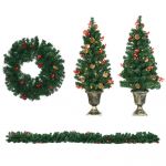 HomCom Conjunto de Decoração de Natal 4 Peças com 2 Árvores de Natal Coroa e Grinalda com Luzes led 40x40x90cm Verde