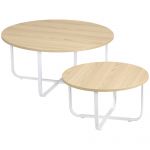 HomCom Conjunto de 2 Mesas de Centro Ø65x32cm e Ø45x26cm Mesas Redondas com Bancada de Madeira e Pés de Metal Madeira e Branco 8