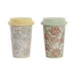 DKD Home Decor Caneca com Tampa Porcelana Bege Verde Silicone (400 ml) (2 Unidades) - 8424002002602 - S3041034