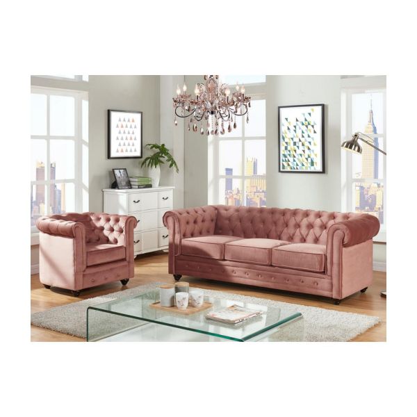 Vente Unique Sofá de 3 Lugares e Cadeirão Chesterfield Veludo Rosa Pastel |  Kuantokusta