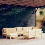9 Peças Conjunto Lounge de Jardim com Almofadões Creme Pinho - 3097103