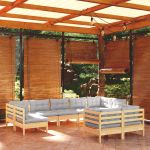 9 Peças Conjunto Lounge de Jardim + Almofadões Cinza Pinho Maciço - 3097246