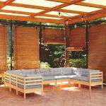 9 Peças Conjunto Lounge de Jardim com Almofadões Cinzentos Pinho - 3097318