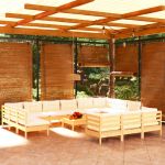 14 Peças Conjunto Lounge de Jardim com Almofadões Creme Pinho - 3097289