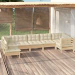 7 Peças Conjunto Lounge de Jardim com Almofadões Creme Pinho - 3096430