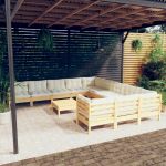 12 Peças Conjunto Lounge de Jardim com Almofadões Creme Pinho - 3097025