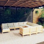 11 Peças Conjunto Lounge de Jardim com Almofadões Creme Pinho - 3097043