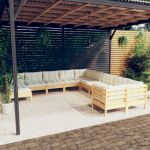 11 Peças Conjunto Lounge de Jardim com Almofadões Creme Pinho - 3097055