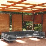 10 Peças Conjunto Lounge de Jardim com Almofadões Pinho Cinza - 3097333