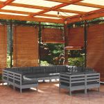 11pcs Conjunto Lounge de Jardim + Almofadões Pinho Maciço Cinza - 3097261