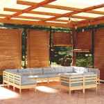 12pcs Conjunto Lounge de Jardim + Almofadões Cinza Pinho Maciço - 3097270