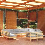 11pcs Conjunto Lounge de Jardim + Almofadões Cinza Pinho Maciço - 3097258