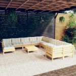 12 Peças Conjunto Lounge de Jardim com Almofadões Creme Pinho - 3097061