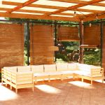10 Peças Conjunto Lounge de Jardim com Almofadões Creme Pinho - 3097331