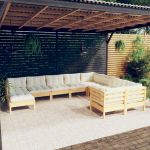 10 Peças Conjunto Lounge de Jardim com Almofadões Creme Pinho - 3097031
