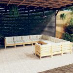 11 Peças Conjunto Lounge de Jardim com Almofadões Creme Pinho - 3097019