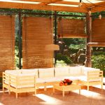 8 Peças Conjunto Lounge de Jardim com Almofadões Creme Pinho - 3097313