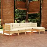 5 Peças Conjunto Lounge de Jardim com Almofadões Creme Pinho - 3096358
