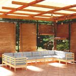 10 Peças Conjunto Lounge de Jardim com Almofadões Cinzentos Pinho - 3097330
