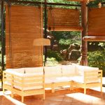 6 Peças Conjunto Lounge de Jardim com Almofadões Creme Pinho - 3097295