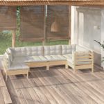 6 Peças Conjunto Lounge de Jardim com Almofadões Creme Pinho - 3096418
