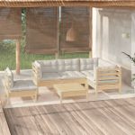6 Peças Conjunto Lounge de Jardim com Almofadões Creme Pinho - 3096412