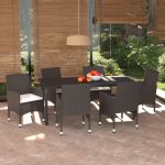 7 Peças Conjunto Jantar para Jardim com Almofadões Vime Pe Castanho - 3094995