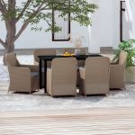 7 Peças Conjunto de Jantar para Jardim com Almofadões Castanho - 3099538